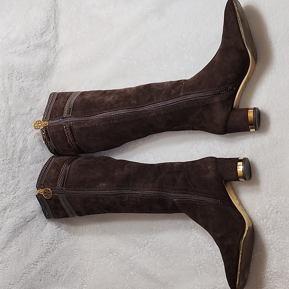 Tory Burch Uma Brown Genuine Suede Knee High Full Zip Trim Riding Boots Sz 7 - Picture 5 of 16